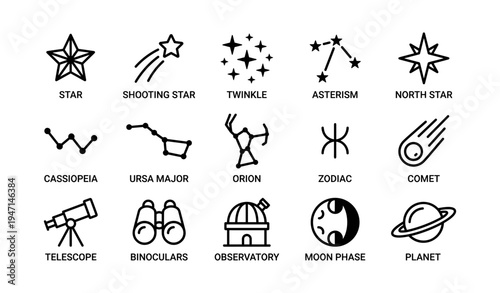 Astronomy icons: stars, constellations, telescope, moon, planet, zodiac, comet