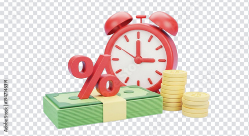 Financial investment concept with stack of green banknotes large red percentage symbol gold coins and red alarm clock isolated on transparent background