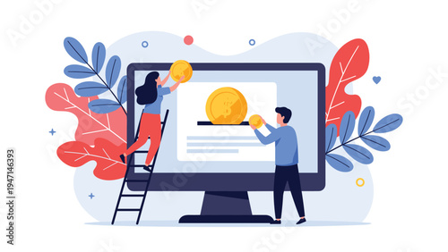 Two people putting gold coins into a giant computer monitor to represent digital investment and online savings.