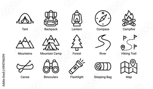 Outdoor adventure icons: camping gear and wilderness symbols for nature enthusiasts