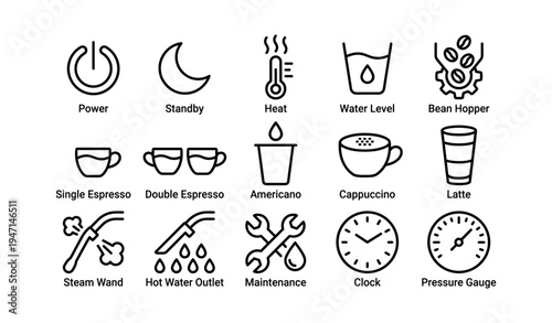 Coffee machine icons: power, standby, heat, water level, bean hopper, espresso, cappuccino, latte, maintenance, clock