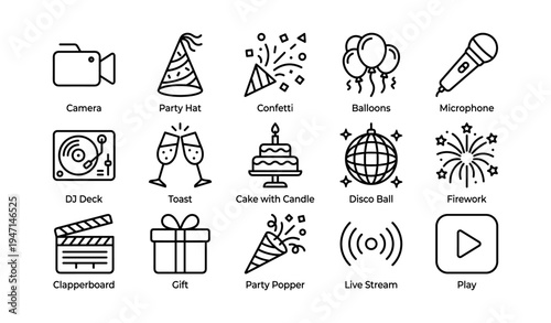 Celebration icons: party hat, balloons, cake, gift, microphone, confetti, dj, disco ball