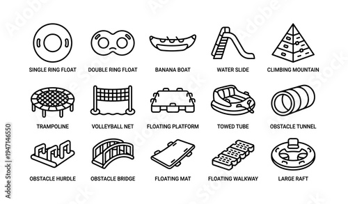 Inflatable water park elements icons: rings, slides, and obstacles
