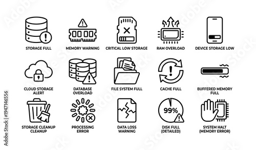 Icons depicting data storage warnings and system errors