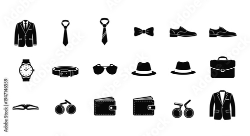 Collection of men's fashion accessories and clothing icons including ties hats shoes and watches on white background