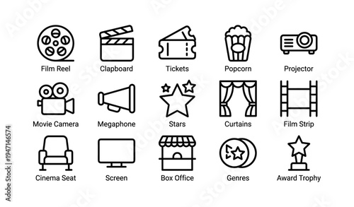 Cinema icons set: film reel, clapboard, tickets, popcorn, projector, movie camera, megaphone