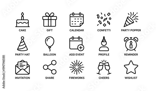 Event celebration icons: cake, gift, calendar, confetti, party popper