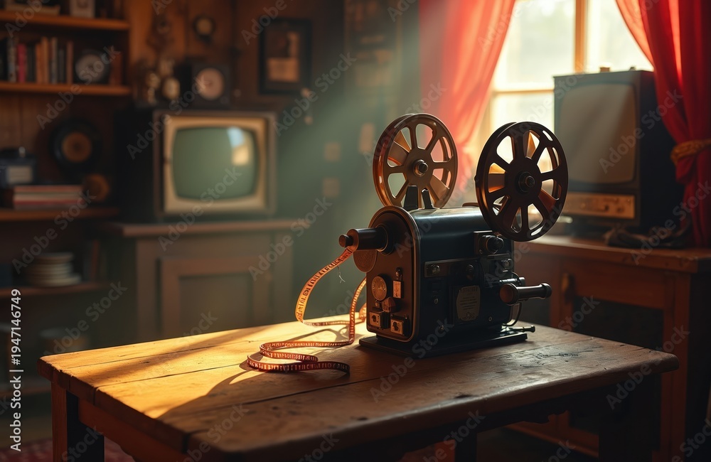 Fototapeta premium Vintage film projector sits on wooden table with reel of film. Retro cinema equipment evokes nostalgia and film heritage. Old television in background suggests past entertainment era.
