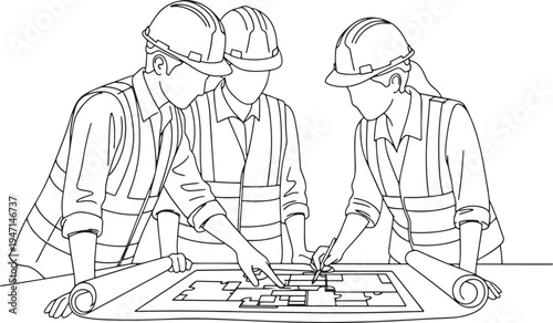 Professional group of architects and engineers wearing hard hats reviewing blueprint architectural plans together at construction site office hand drawn vector illustration