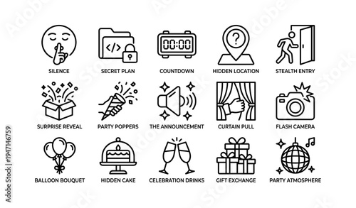 Event icons: countdown, party poppers, secret plan, gift exchange, celebration drinks