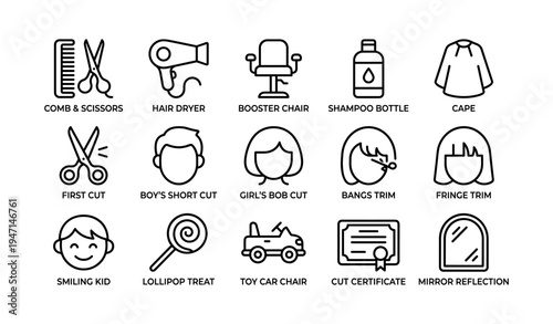 Haircut symbols: tools, styles, and accessories for kids and adults