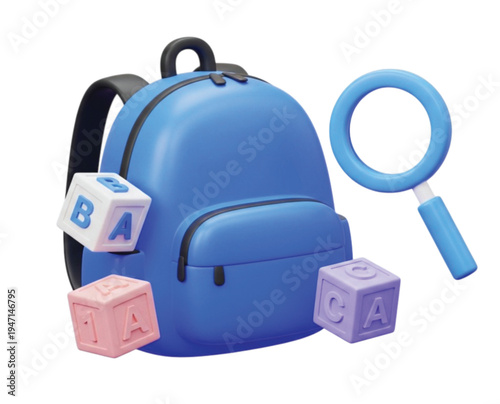 3d render blue backpack with lettered alphabet blocks and magnifying glass represents back to school education concept