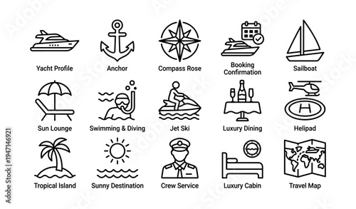 Nautical icons collection featuring yacht, sailboat, and tropical travel elements