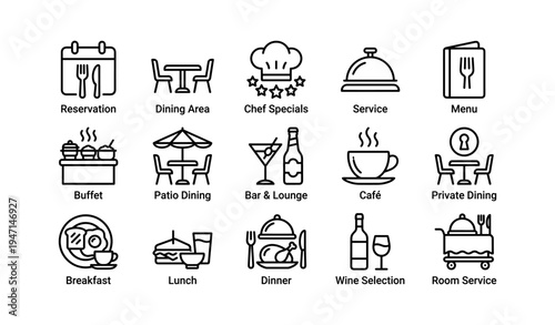 Restaurant icons set featuring dining area, menu, and chef specials