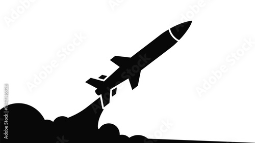 Black silhouette of a powerful rocket or missile taking off with smoke clouds against a clean white background.