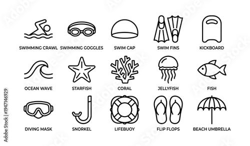 Outline icons of swimming, diving gear, and marine life