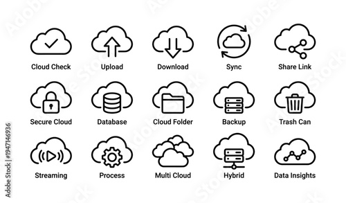 Cloud technology icon set featuring storage, sync, and data insights symbols