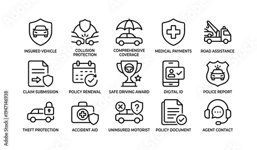 Insurance icons: coverage, protection, assistance, digital id, safety