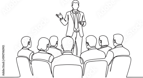 A professional businessman giving a speech to a seated audience in a conference room continuous line hand drawn vector illustration