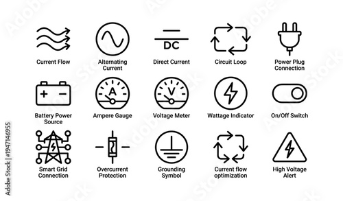 Electrical symbols set: current flow, power sources, protection, optimization icons