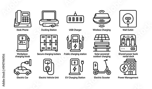 Icons of charging solutions and electric devices for modern energy needs