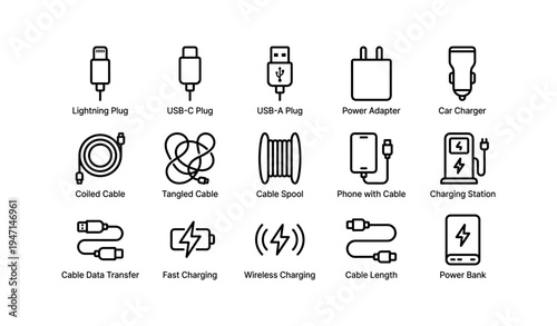 Electronic accessories and charging solutions illustrated icons set