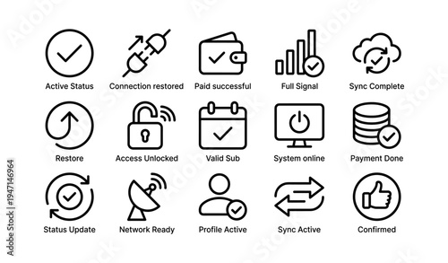 Simple icons depicting system status and connectivity checkmarks