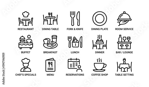 Dining and hospitality icons: restaurant, dining room, and meal time symbols
