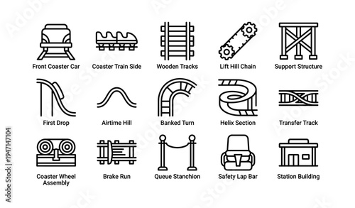 Amusement park roller coaster icon set featuring track elements and safety features