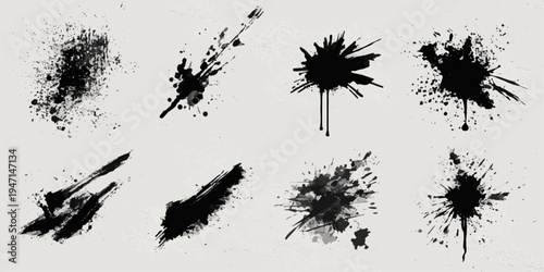 Dynamic black ink splash and splatter abstract art on white background