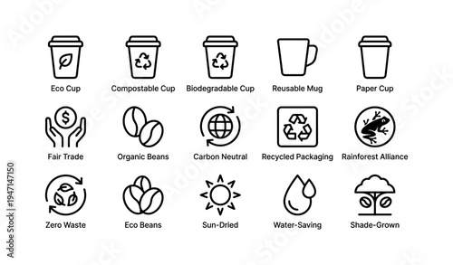 Sustainable coffee icons: eco-friendly cups, fair trade beans, carbon neutral practices