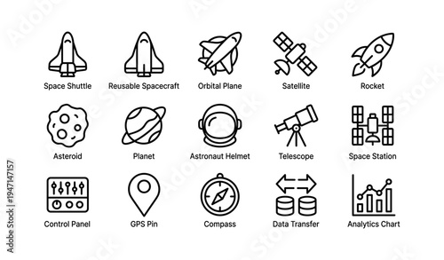 Space exploration icons: shuttle, rocket, satellite, astronaut helmet, telescope, space station