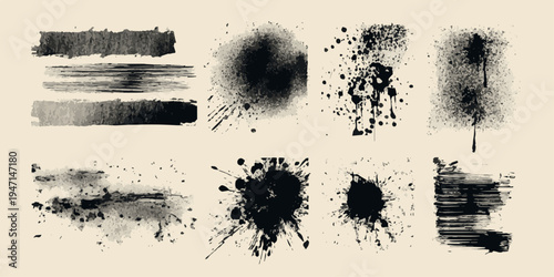 Dynamic black ink splash and splatter abstract art on white background
