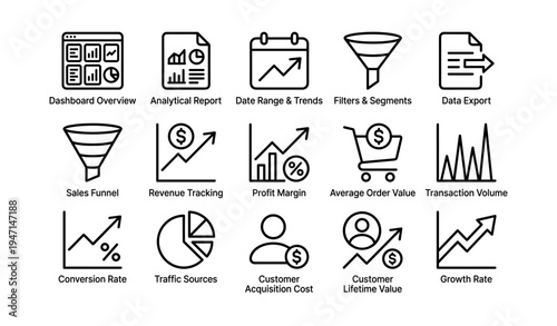 Dashboard icons: analytics, reports, trends, funnels, revenue, growth, data export