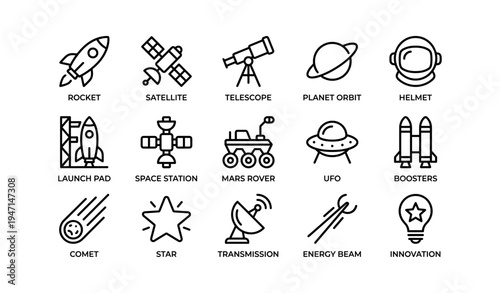 Space exploration icons featuring rockets, satellites, and astronaut gear