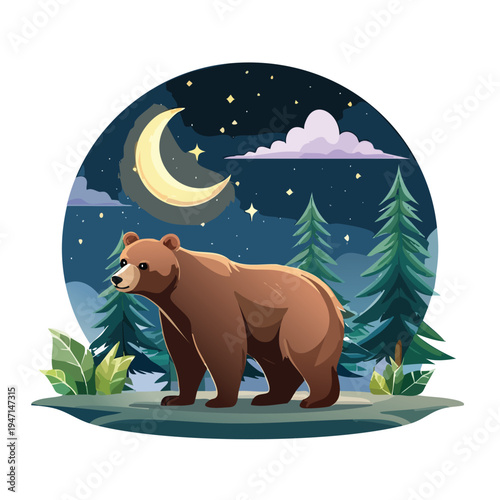 Cartoon bear standing beneath a moonlit night sky with trees and stars