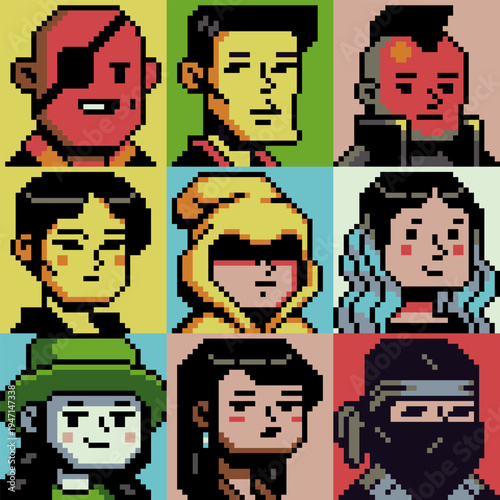 Set of pixel art character avatars in retro 8-bit style, game characters, profile icons, NFTs, UI assets, and indie game projects.