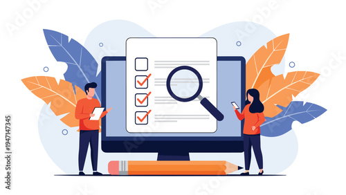 Man and woman inspecting a digital checklist on a large computer monitor for survey or audit purposes in office.
