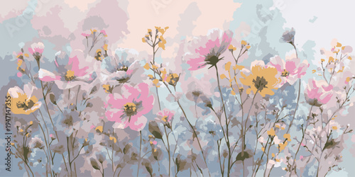 A vibrant and colorful illustration of various flowers in full bloom