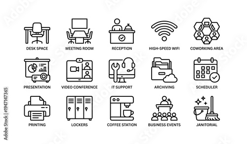 Office facilities icons: desk, meeting, reception, wifi, coworking, it support, printing