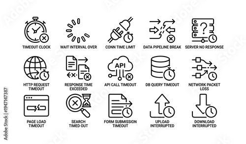 Timeout and connection symbols: network issues and delays depicted in icon set