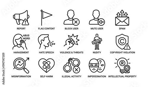 Social media safety icons representing online moderation and user protection