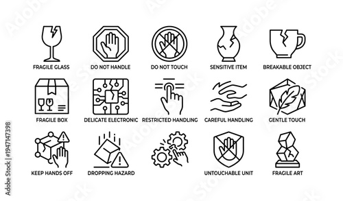 Fragile item handling icons set with caution and care symbols