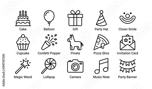 Party celebration icons set featuring cake, balloon, gift, and clown smile