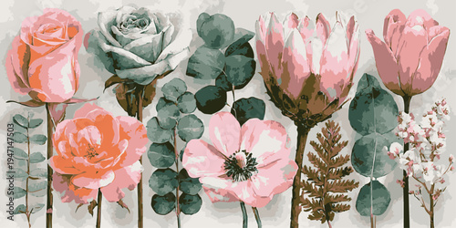 A vibrant bouquet of flowers featuring roses, tulips, and daisies in various colors