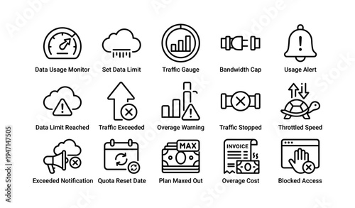 Data management icons: usage monitoring, bandwidth alerts, and throttling indications