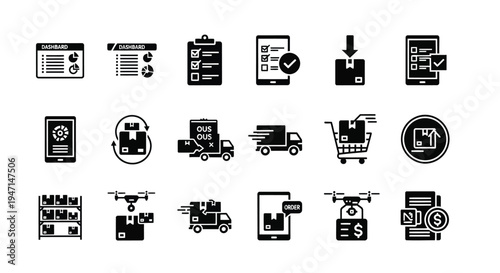 E commerce logistics icons set including delivery shopping finance and technology symbols in black on white background
