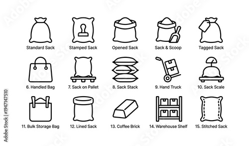 Various sack icons with tools and storage elements for inventory management