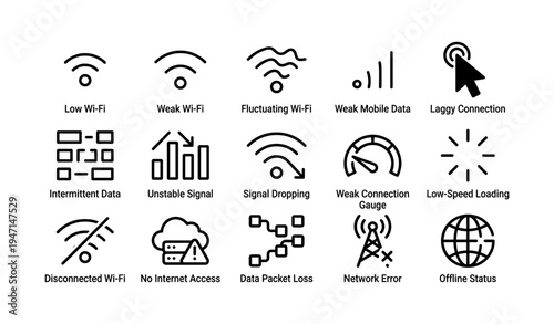 Network connection issues icons for wi-fi and mobile data challenges