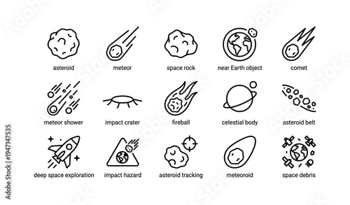 Asteroid meteor comet space exploration icons set